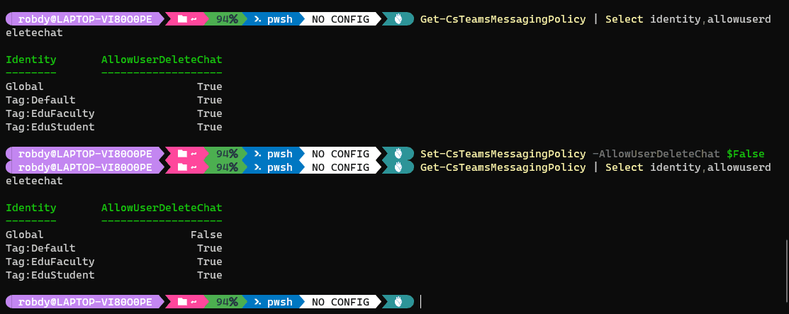 Setting AllowUserDeleteChat via PowerShell